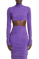 LaQuan Smith Mock Neck Long Sleeve Suede Crop Top Grape at Nordstrom,