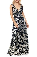 Betsy & Adam Foil Print Sleeveless Mesh Gown in Navy/Gold at Nordstrom, Size 8