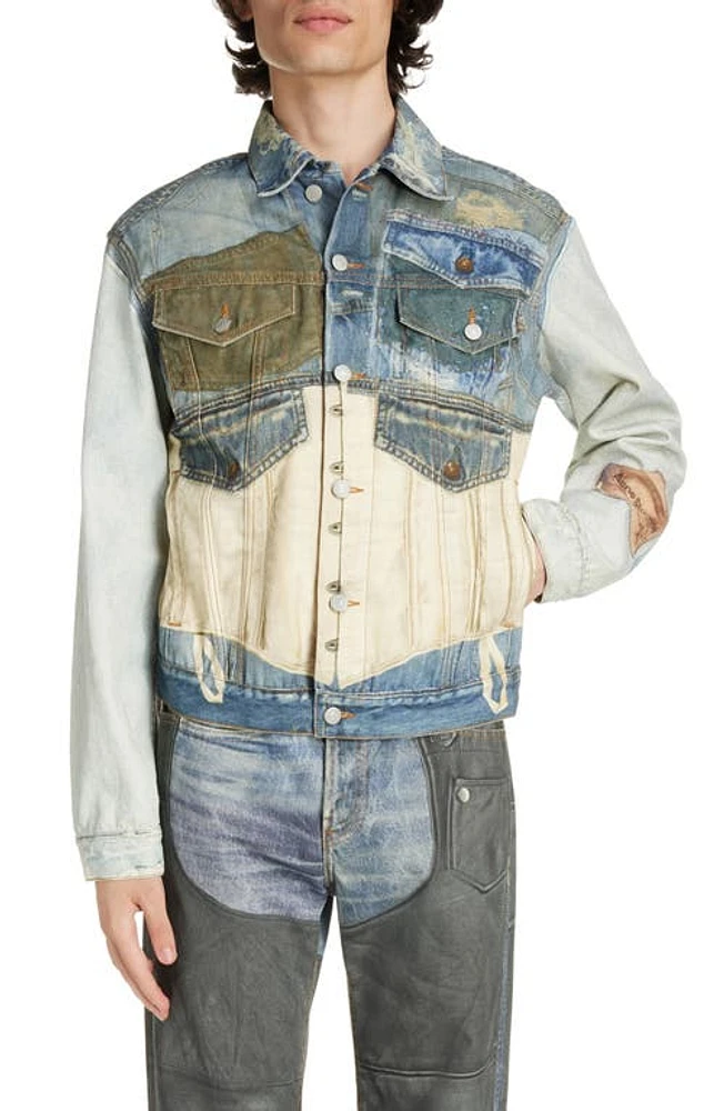 Acne Studios Trompe l'Oeil Corseted Patchwork Denim Trucker Jacket Mid Blue at Nordstrom, Us