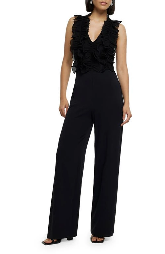 River Island Ruffle Bodice Sleeveless Jumpsuit in Black at Nordstrom, Size 2