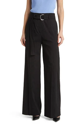 BOSS Tasena Belted Linen Blend Wide Leg Pants Black at Nordstrom,