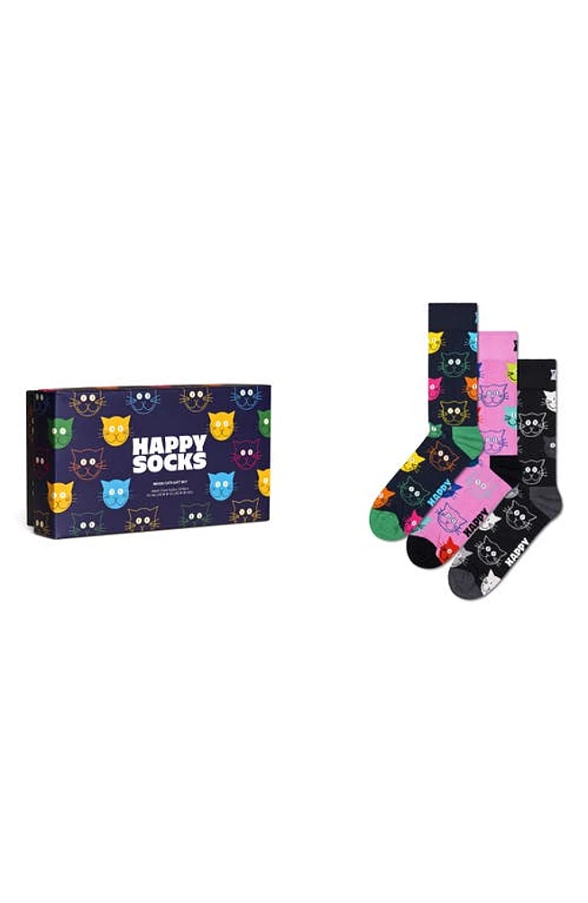 Happy Socks Mixed Cats 3-Pack Cotton Blend Crew Socks Gift Set in Navy at Nordstrom