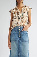 Ulla Johnson Cleo Floral Print Tie Neck Top Pearl Flora at Nordstrom,