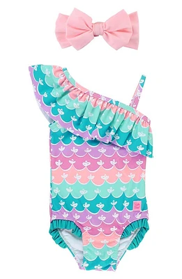 RuffleButts Mermaid One-Shoulder One-Piece Swimsuit & Headband Set in Blue at Nordstrom, Size 3-6M