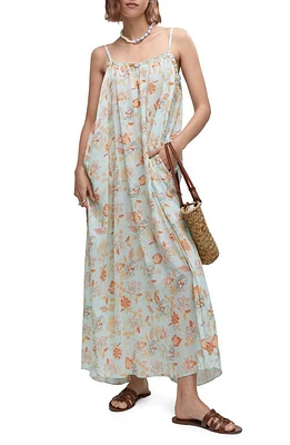 MANGO Floral Print Cotton Maxi Dress in Aqua Green at Nordstrom, Size 4