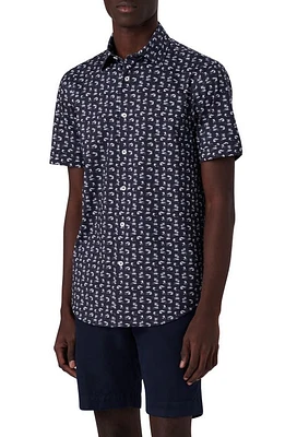 Bugatchi Miles OoohCotton Tropical Print Short Sleeve Button-Up Shirt Navy at Nordstrom,