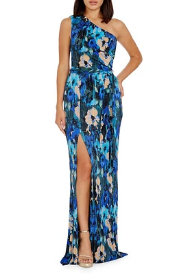 Dress the Population Bella Floral Plissé One-Shoulder Gown Cobalt Multi at Nordstrom,