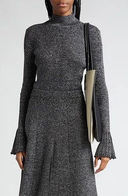 Proenza Schouler White Label Avery Rib Lettuce Trim Turtleneck Sweater Black/Silver at Nordstrom,