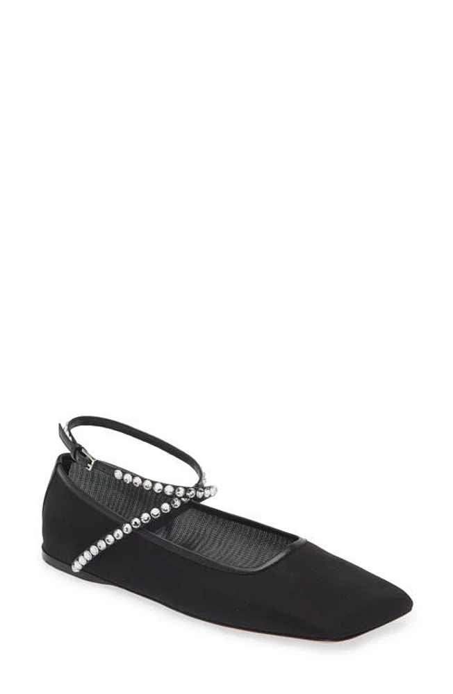 Amina Muaddi Ane Ankle Strap Mesh Flat Black/Crystal at Nordstrom,