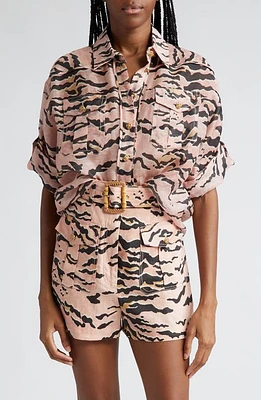 Zimmermann Matchmaker Tiger Stripe Linen & Silk Button-Up Shirt Pink at Nordstrom,