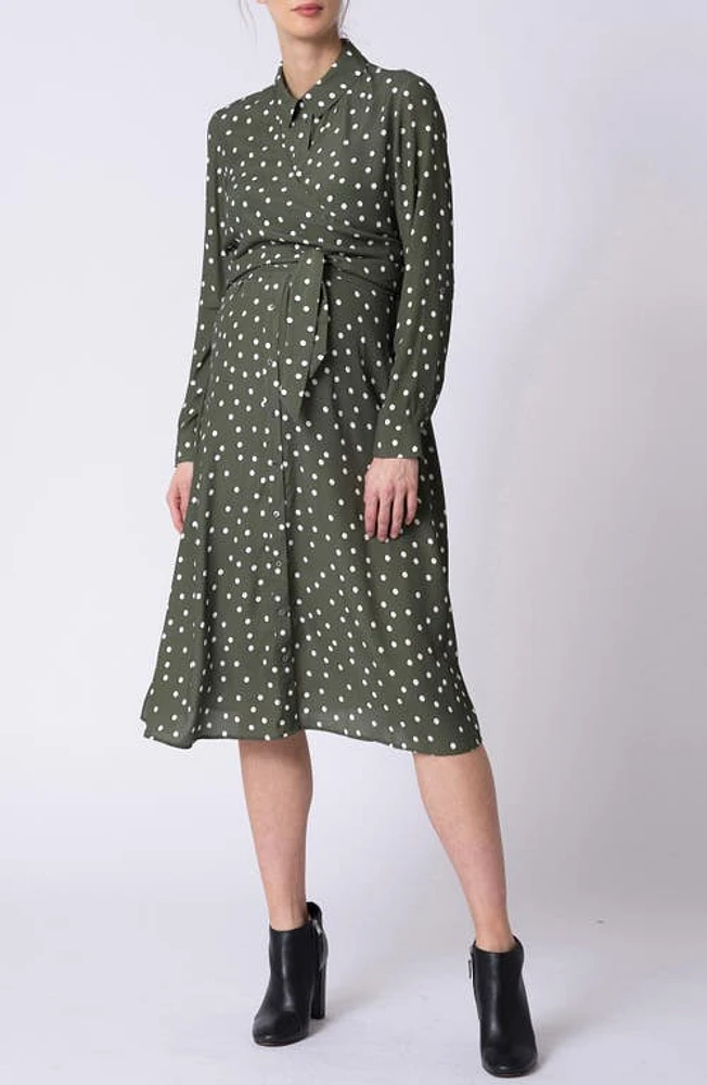 Seraphine Polka Dot Long Sleeve Maternity/Nursing Shirtdress in Khaki at Nordstrom, Size 8