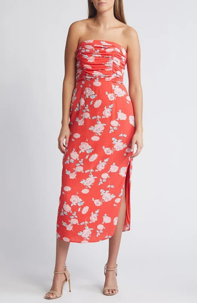 WAYF Birdie Ruched Strapless Midi Dress Tomato Roses at Nordstrom,