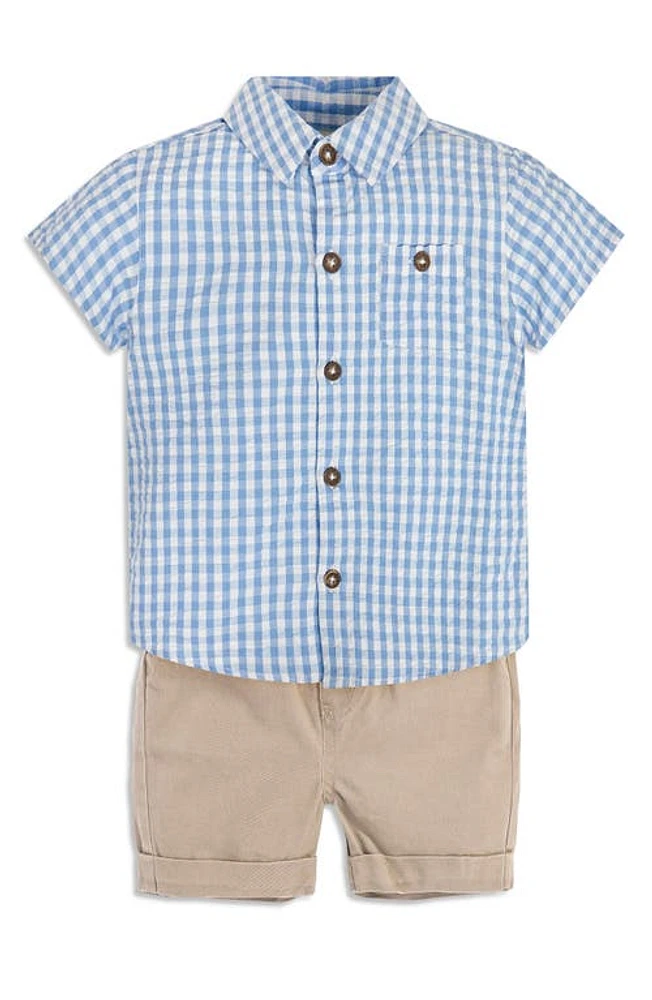 JOJO MAMAN BEBE Gingham Check Shirt & Shorts Set Stone/Blue at Nordstrom,