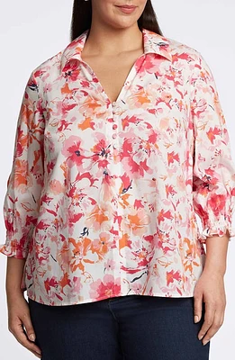 Foxcroft Alexis Floral Smocked Sleeve Cotton Popover Top Pink Multi at Nordstrom,