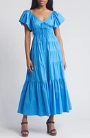 MOON RIVER Flutter Sleeve Tiered Stretch Cotton Maxi Dress Blue at Nordstrom,