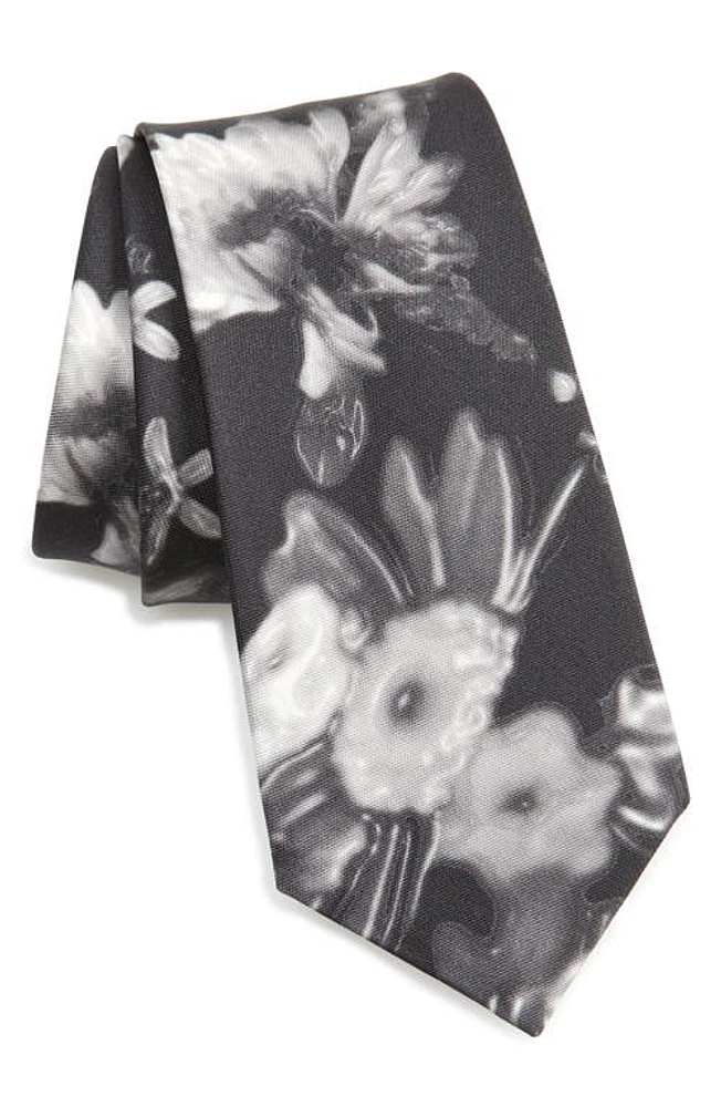 Alexander McQueen Wax Rose Silk Tie in Black/Light Grey at Nordstrom