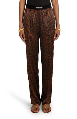 TOM FORD Reflected Leopard Print Stretch Silk Pajama Pants Dark Brown at Nordstrom,