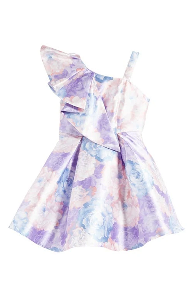 LOVE, NICKIE LEW Kids' Ruffle One-Shoulder Mikado Party Dress Lilac/Multi at Nordstrom,