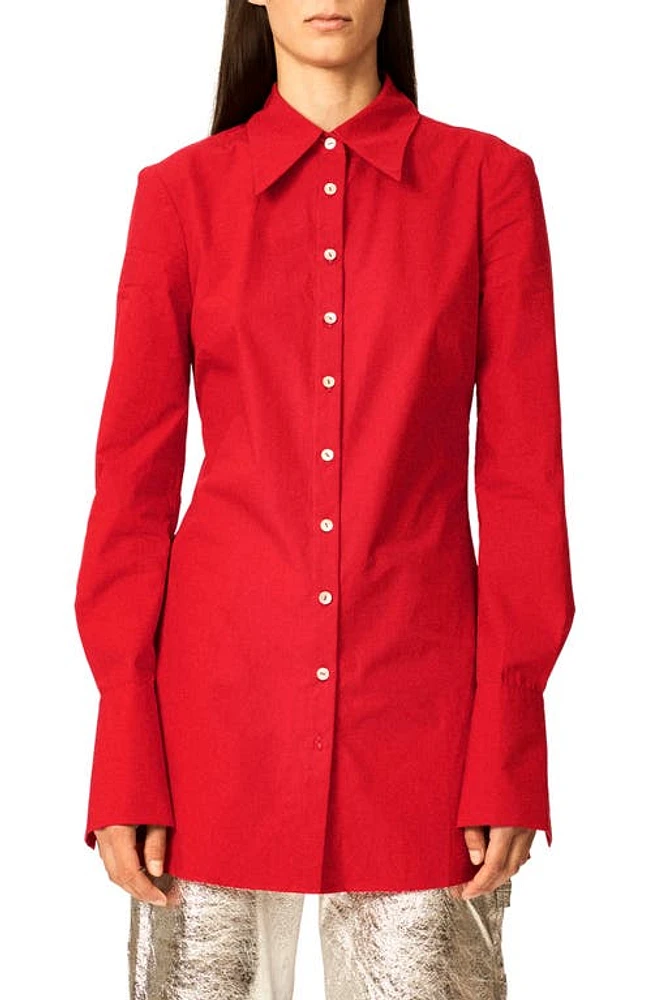 Interior The Clark Slim Longline Cotton Poplin Button-Up Shirt Red at Nordstrom,