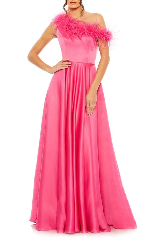 Mac Duggal Feather Trim One-Shoulder Gown Hot Pink at Nordstrom,