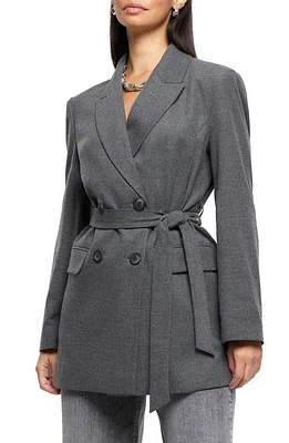 River Island Belted Marled Flannel Blazer Grey at Nordstrom,