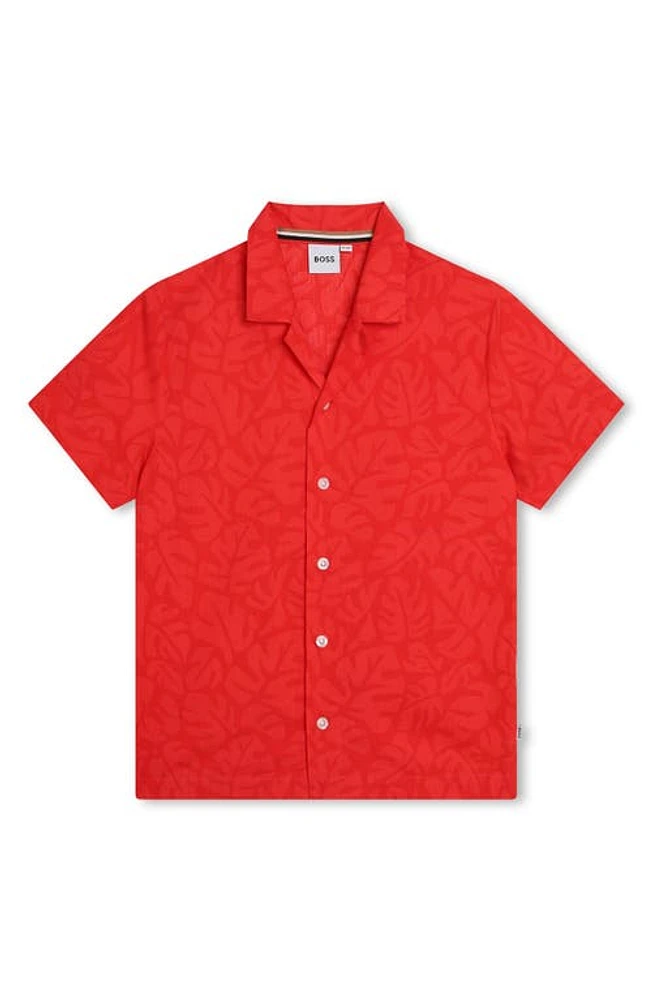 BOSS Kidswear Kids' Leaf Print Short Sleeve Cotton Button-Up Shirt Bright Red at Nordstrom, Y