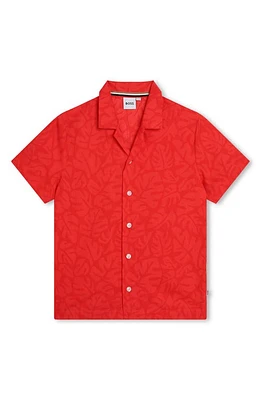 BOSS Kidswear Kids' Leaf Print Short Sleeve Cotton Button-Up Shirt Bright Red at Nordstrom, Y