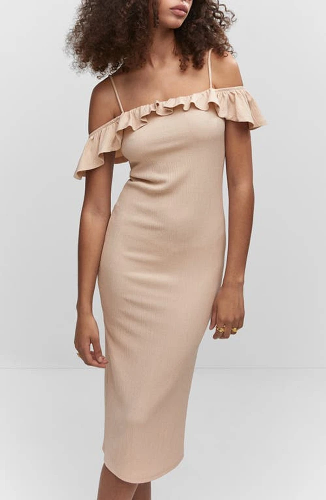 MANGO Ruffle Cold Shoulder Body-Con Dress Sand at Nordstrom,