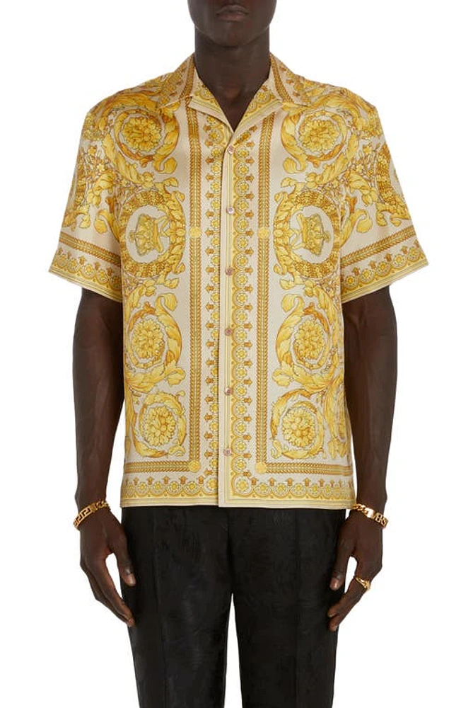 Versace Men's Barocco Print Silk Button-Up Shirt Champagne at Nordstrom, Us