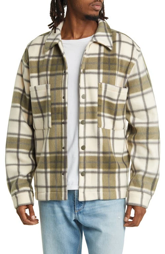 BP. Print Polar Fleece Snap-Up Shirt in Olive Night Plaid at Nordstrom, Size Medium