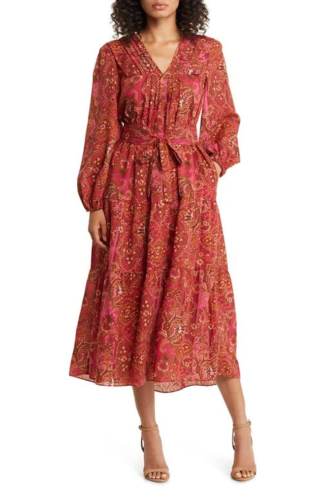 Julia Jordan Paisley Long Sleeve Belted Midi Dress Red Multi at Nordstrom,