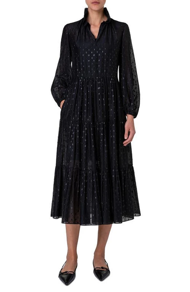 Akris punto Metallic Dot Long Sleeve Organza Midi Dress Black at Nordstrom,