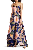 Theia Emilia Floral Print Strapless Mikado Gown in Nocturnal Peonies at Nordstrom, Size 16