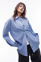 Topshop Oversize Check Textured Cotton Button-Up Shirt Mid Blue at Nordstrom, Us