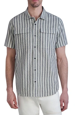 Karl Lagerfeld Paris Slim Fit Stripe Short Sleeve Cotton Button-Up Shirt Black Multi at Nordstrom,