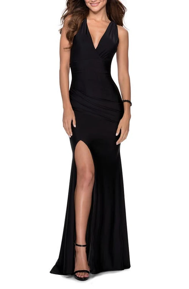 La Femme Satin Jersey Trumpet Gown Black at Nordstrom,