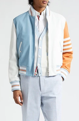 Thom Browne Fun-Mix 4-Bar Colorblock Leather Bomber Jacket White at