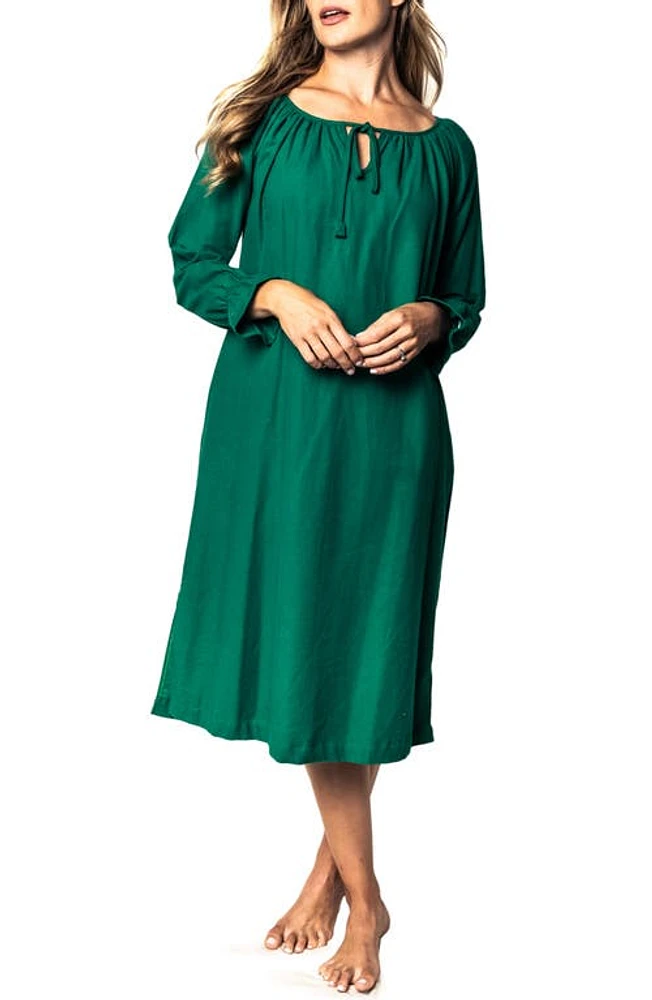 Petite Plume Tie Neck Flannel Nightgown Green at Nordstrom,