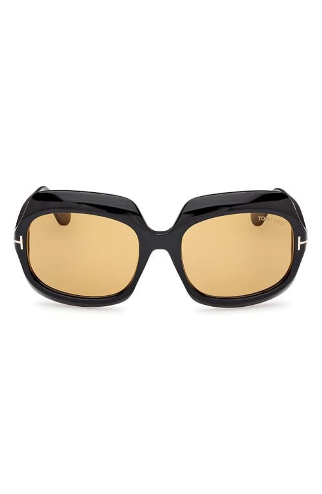 TOM FORD Ren 60mm Geometric Sunglasses in Shiny Black /Amber at Nordstrom