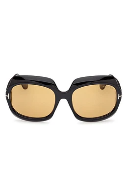 TOM FORD Ren 60mm Geometric Sunglasses in Shiny Black /Amber at Nordstrom