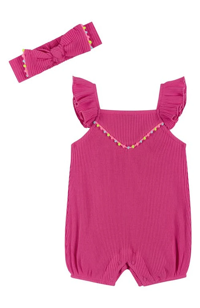 Andy & Evan Rib Knit Romper Headband Set Fuchsia at Nordstrom,