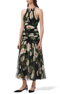 Carolina Herrera Floral Print Shirred Silk Dress Black Multi at Nordstrom,