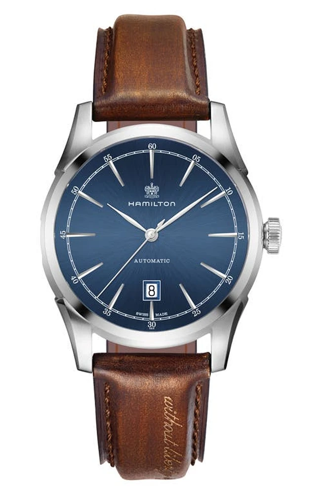 Hamilton Spirit of Liberty Automatic Leather Strap Watch, 42mm in Brown/Navy/Silver at Nordstrom