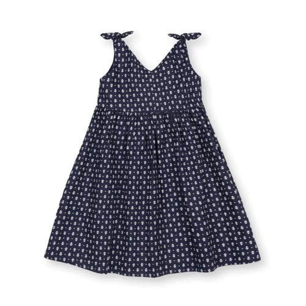 Hope & Henry Girls' Sleeveless Bow Shoulder Swing Dress Linen, Infant Navy Riviera Print at Nordstrom,