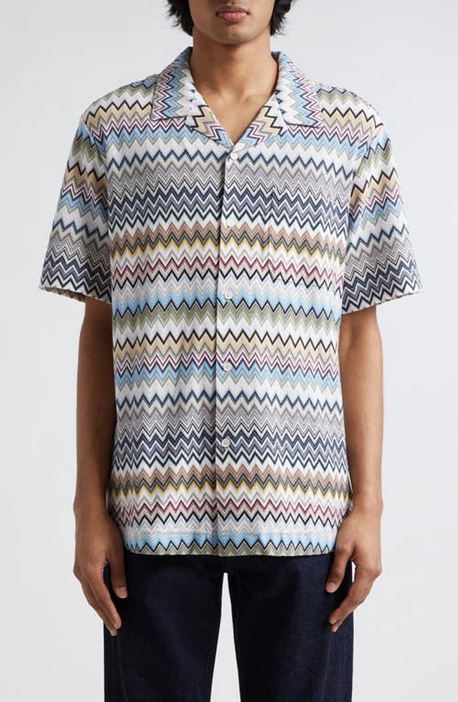 Missoni Zigzag Stripe Knit Camp Shirt Green Beige Light Blue at Nordstrom, Us