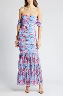 bebe Floral Ruched Off the Shoulder Mesh Gown Blue /Multi at Nordstrom,