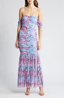 bebe Floral Ruched Off the Shoulder Mesh Gown Blue /Multi at Nordstrom,