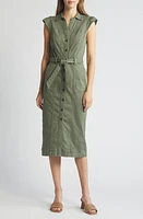 PAIGE Jaxsyn Cap Sleeve Stretch Twill Midi Shirtdress Vintage Ivy Green at Nordstrom,