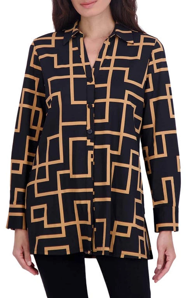 Foxcroft Pamela Maze Print Stretch Tunic Shirt Black Multi at Nordstrom,