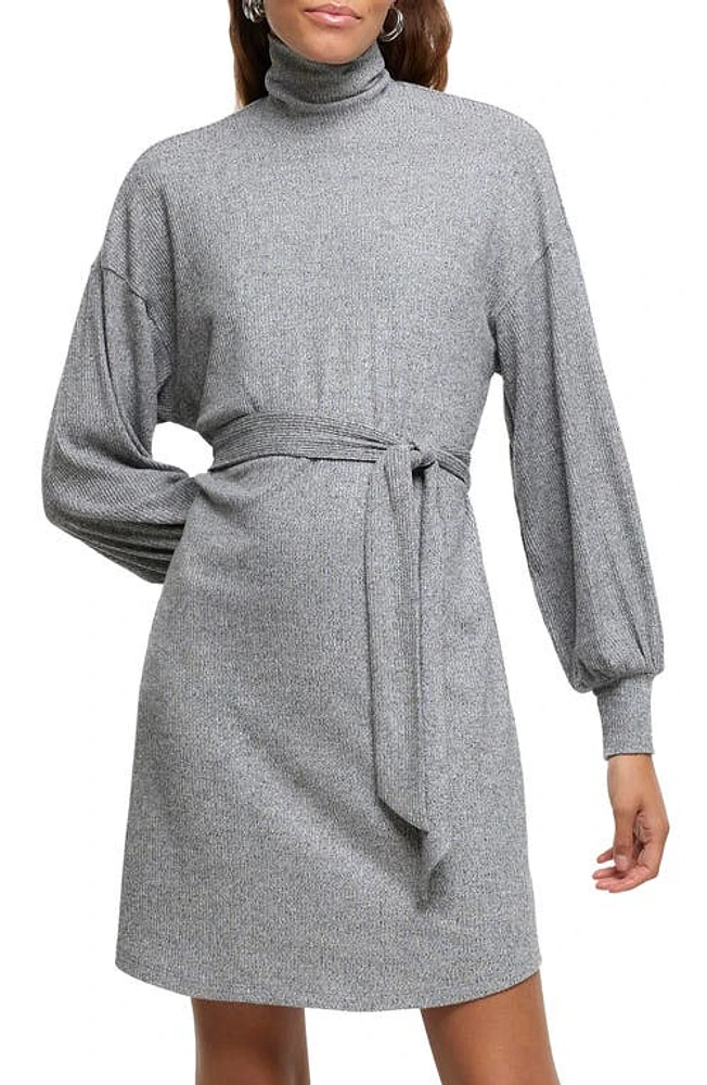 River Island Turtleneck Long Sleeve Thermal Knit Dress Grey at Nordstrom,